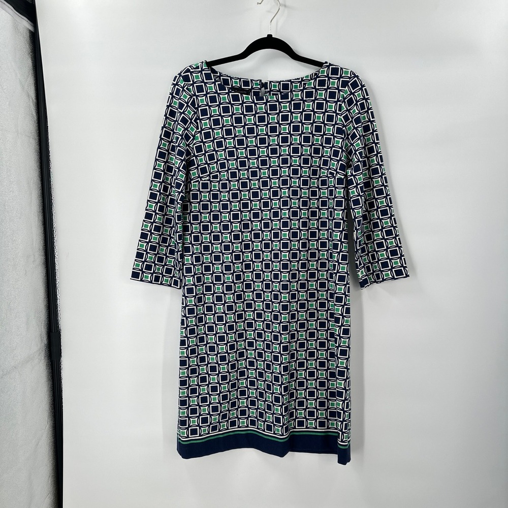 Talbots Geometric Shift Dress size 8 Blue Green Retro Mod Preppy Long Sleeve *
